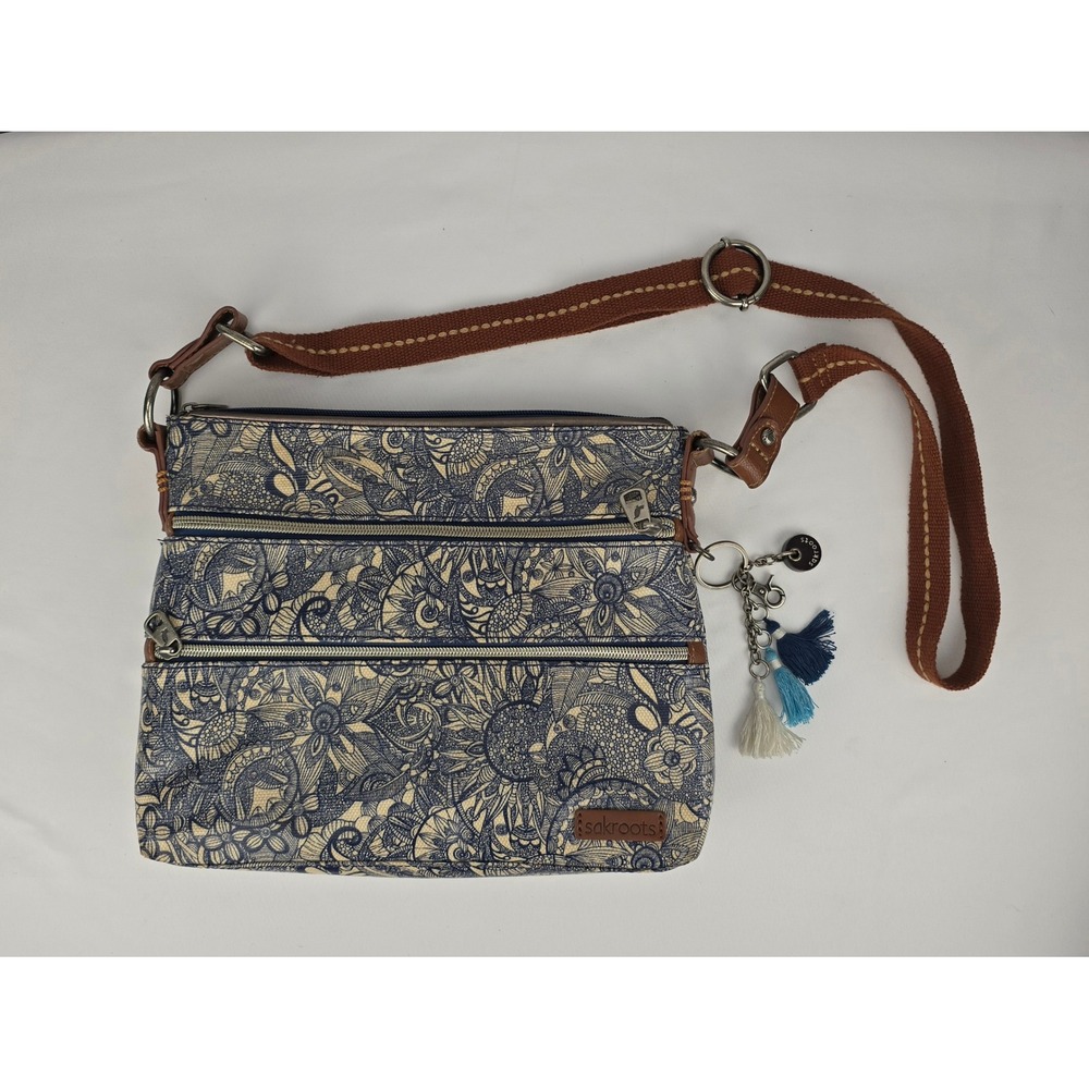 Sakroots Convertible Crossbody Bag Floral Print‎ Blue Tan Multi Zip Shoulder Bag